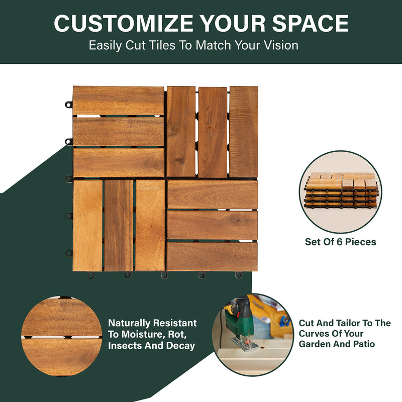 6 x Interlocking Wooden Decking Tiles 30x30cm