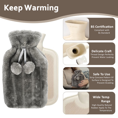 Large 2L Natural Rubber Hot Water Bottle Grey